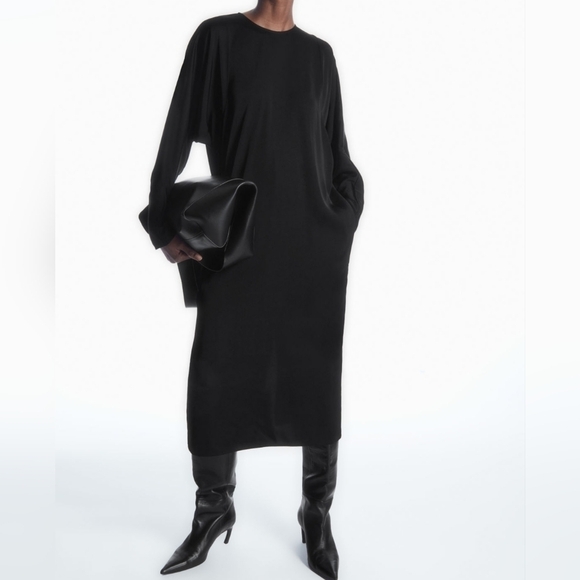 COS Dresses & Skirts - COS Batwing Sleeve Casual Rayon Midi Shift Dress Size 2 Long Crewneck Slit Back
